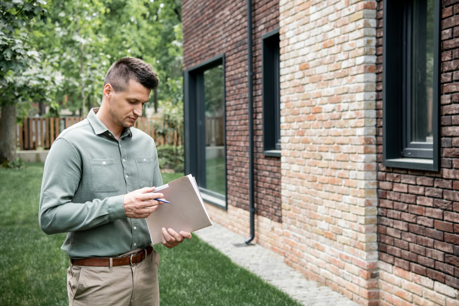 A building inspector reviewing a handover checklist outside a newly built brick home